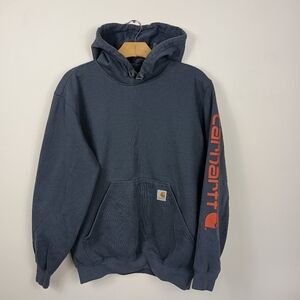 Carhartt Hoodie Medium Mens Bluestone Spellout Sleeve LooseFit Pullover Workwear